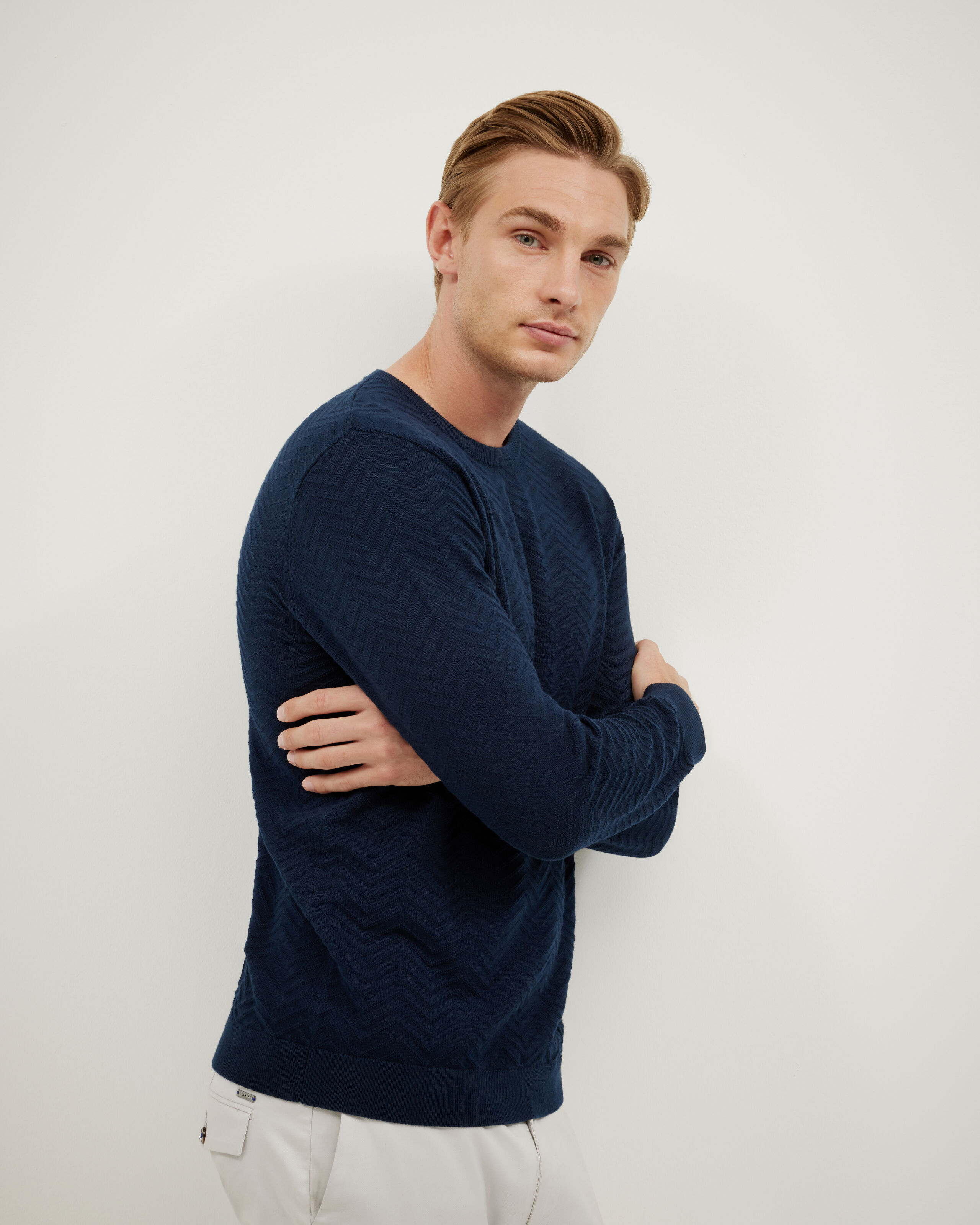 Lightweight Zig Zag Crew Neck Knit - Navy - Lightweight Zig Zag